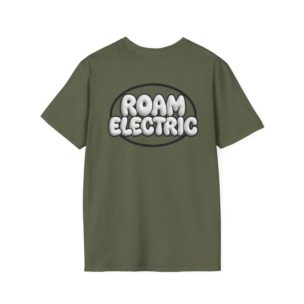 Roam Electric T‑Shirt — Retro Bubble Logo Tee for Travelers & Music Lovers