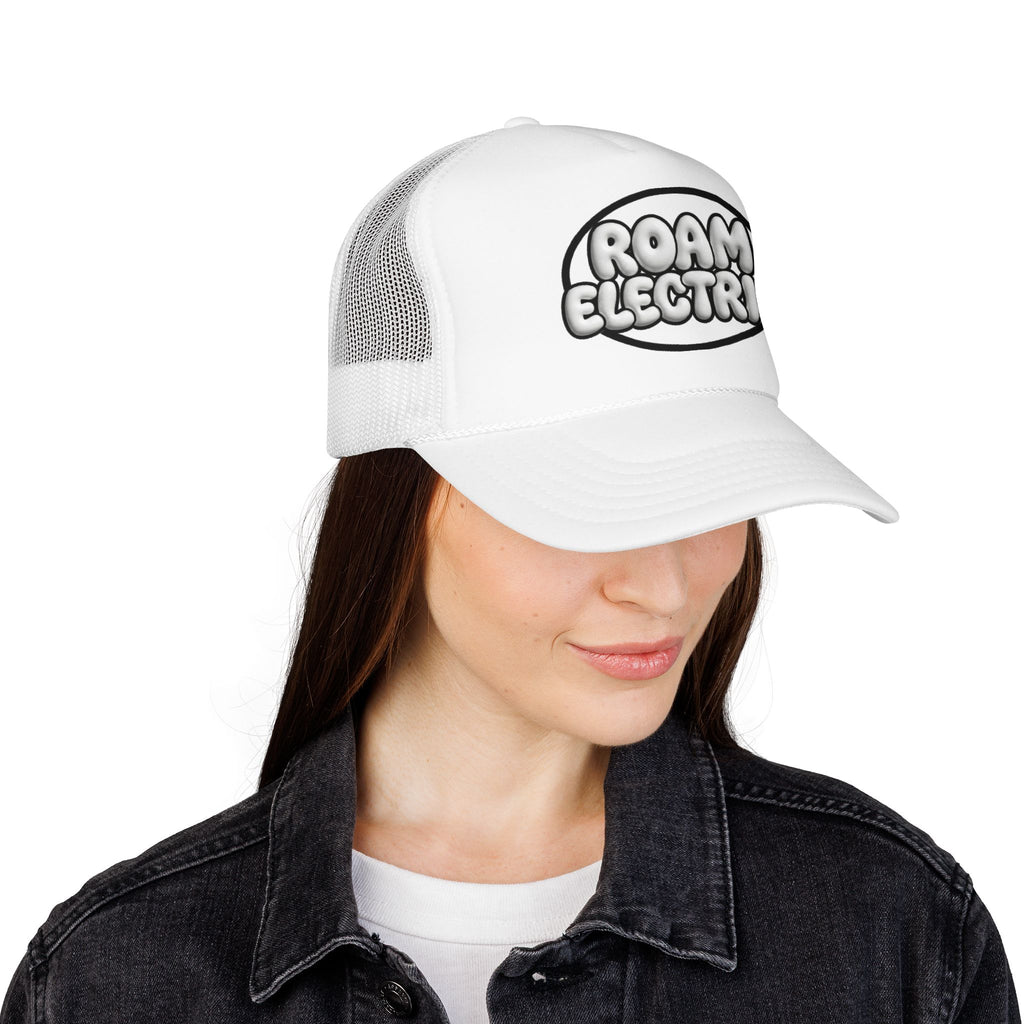 Roam Electric Foam Trucker Hat — Retro Puffy Logo Mesh Cap