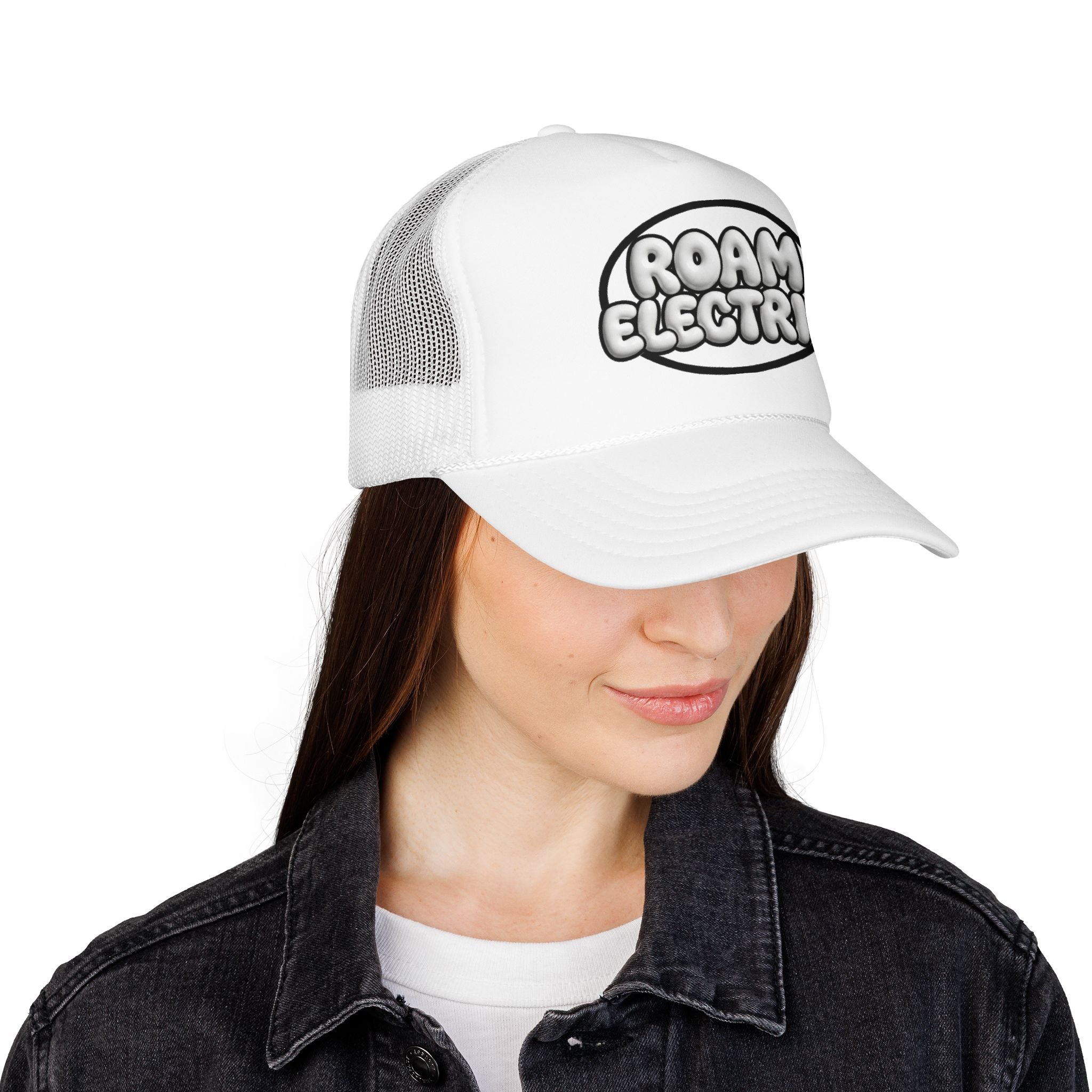 Roam Electric Foam Trucker Hat — Retro Puffy Logo Mesh Cap