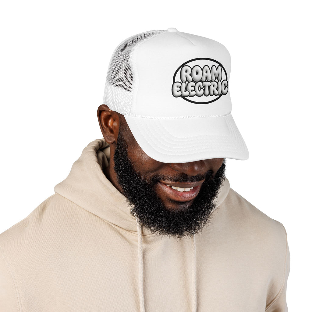 Roam Electric Foam Trucker Hat — Retro Puffy Logo Mesh Cap