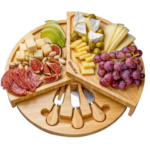 Bamboo Cheese Board and Knife Set - 14 Inch Swiveling Charcuterie connors cooking products