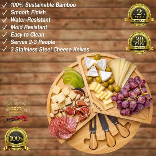 Bamboo Cheese Board and Knife Set - 14 Inch Swiveling Charcuterie connors cooking products