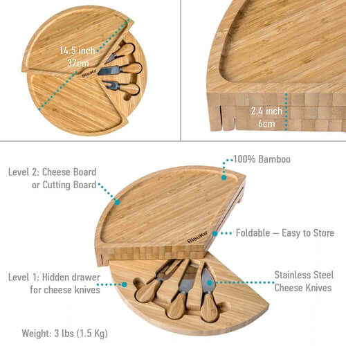 Bamboo Cheese Board and Knife Set - 14 Inch Swiveling Charcuterie connors cooking products